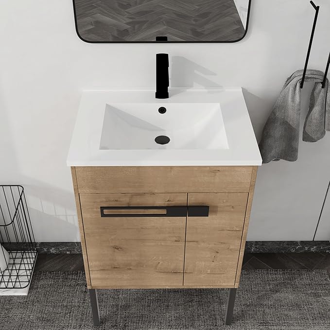 24 Inch Bathroom Vanity with Sink, 24'' Freestanding Vanity Cabinet with Ceramic Basin, 2 Soft-Closing Doors, Waterproof Plywood, Modern Storage for Small Bathroom, Apartment, 00324IMO+9060B