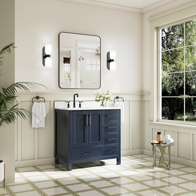 36-Inch Bathroom Vanity with Sink, 2 Soft-Close Doors and 5 Soft-Close Drawers, Bathroom Freestanding Vanity with Cultured Marble Countertop, Bathroom Navy Blue Vanity With Matte Black Handles