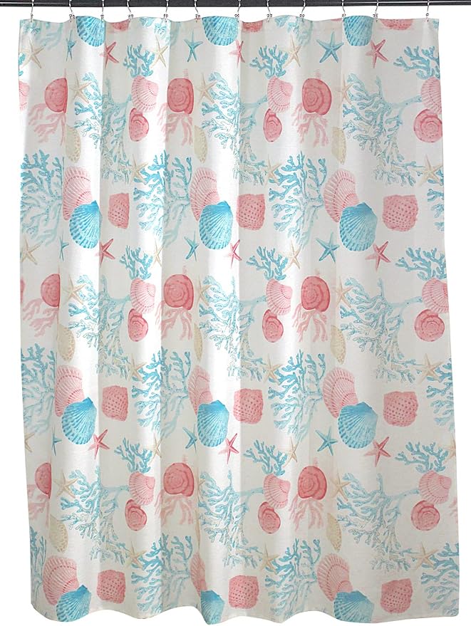 Serafina Home Coastal Fabric Shower Curtain for Bathroom: Coral Blue White Ocean Life Beach Shells Coral Sea Urchins Starfish Scallop Shells, 70" x 72" Inches, with 12 Rollerball Hooks