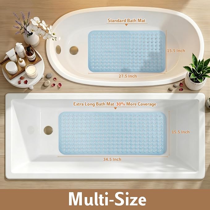 Yimobra Bathtub Mat Non Slip, 35"X16" Shower Mat with Strong Suction Cups & Drain Holes, Long Anti Slip Bath Tub Mat for Inside Shower, Machine Washable Fast Drying, Bathroom Essentials, Light Blue