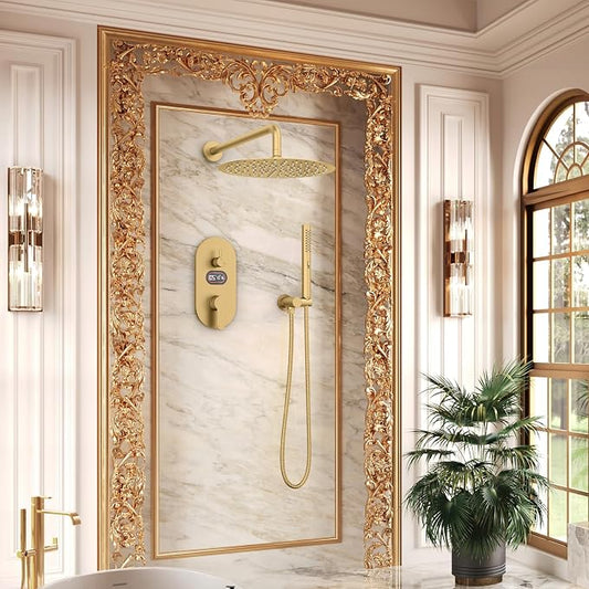 Longriver Round Shower Faucet Set with Hydro Power Temperature Display | Shower System 10" Shower Head with Handheld Spray, Wall Mounted Shower Fixtures with Shower Valve and Trim Kit, Brushed Gold