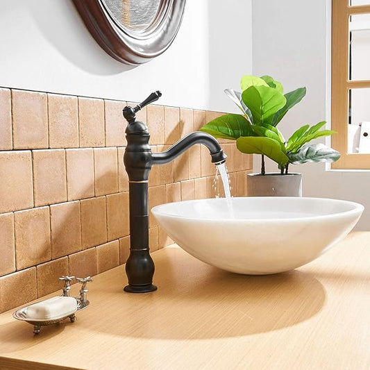 BWE 360° Swivel Bathroom Vessel Sink Faucet Oil Rubbed Bronze Single Handle One Hole Lavatory Mixer Tap with Pop Up Drain Assembly Without Overflow and Supply Line Tap Body