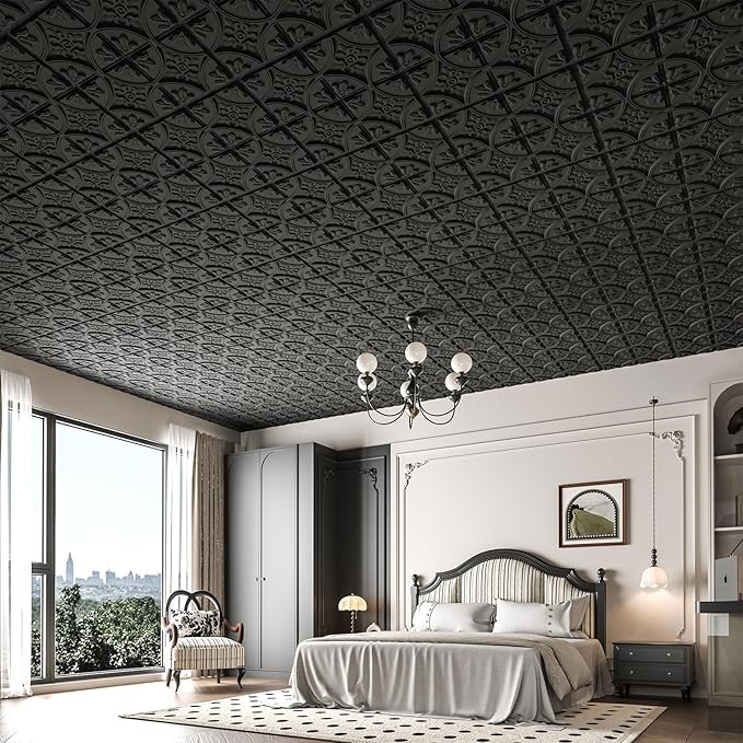 Art3d Drop Ceiling Tiles 2x2, Glue-up Ceiling Panel, Fancy Classic Style in Black