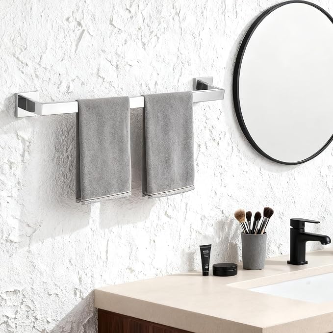 23.6 Inch Polished Chrome Bathroom Towel Bar Set, 2-Piece Square Wall Mounted Towel Rack, Wall Mounted 304 Stainless Steel Towel Holder for Bathroom