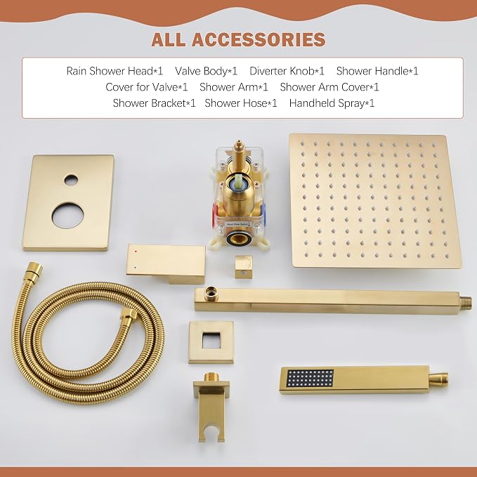 10" Rain Gold Shower System with Handheld & Valve, Brushed Gold | Wall-Mounted High-Pressure Shower Faucet Combo Set, 10-Inch Rain Shower Head with Handheld Spray,Includes Valve and Trim Kit