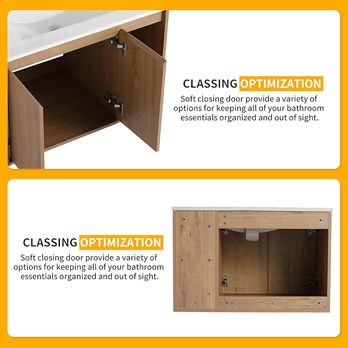 30 Inch Bathroom Vanity with Sink, Imitative Oak Modern Wall Mount Floating Vanity Set with Soft-Closing Door and Ceramic Basin, Contemporary Styling for Elegant Bathrooms