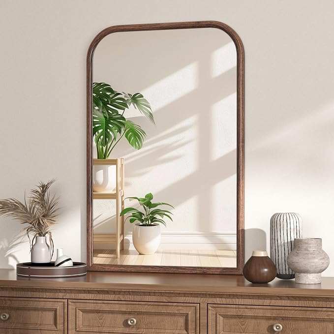 24"x36" Arch Wall Mirror for Wall, Wall Mounted Vanity Mirror for Bedroom, Wood Grain Finish Frame Mirror with Tempered Glass, Vintage Decorative for Bathroom, Entryway, Living Room, Walnut
