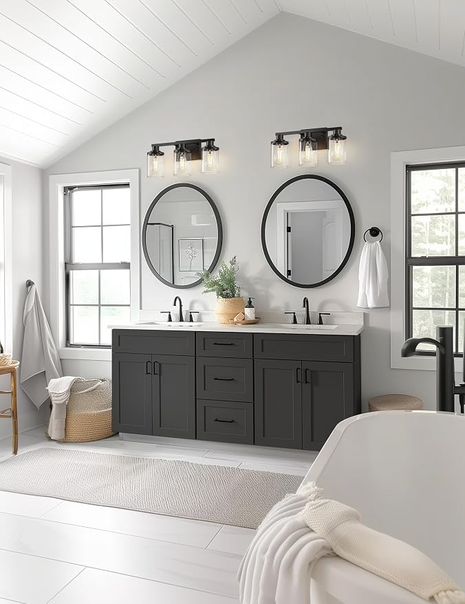 L LOHAS LED 3-Light Black Bathroom Light Fixtures,Modern Bathroom Lighting Fixtures Over Mirror with Clear Glass Shade, Vanity Lights for Living Room, ETL Listed | Clear Glass Shades; Modern Bathroom Lighting Fixture for Living Rooms