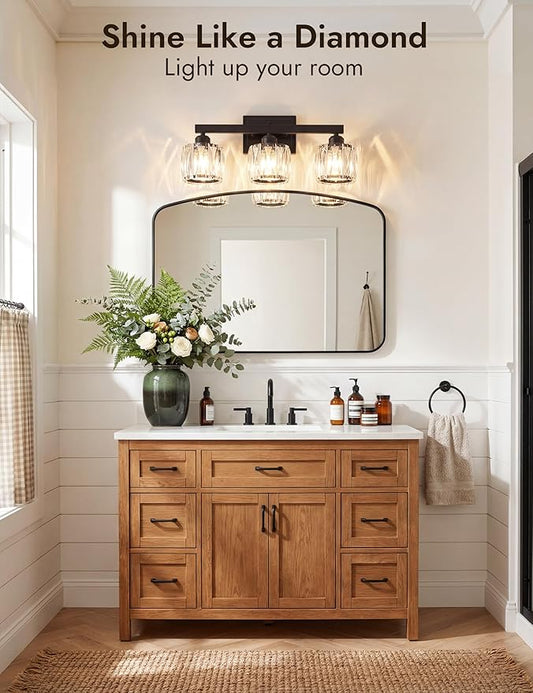 VOLISUN Crystal Vanity Lights for Bathroom, 3 Light Bathroom Vanity Light, Modern Matte Black Bathrooms Light Over Mirror, Black Bathrooms Lights Fixtures-UL Certificated(Exclude Bulb)