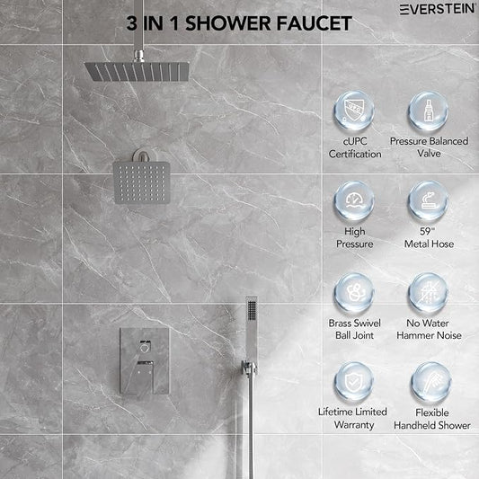 10" High-Pressure Rainfall Shower Faucet, Celling Mount Dual Shower Head System, Polished Chrome