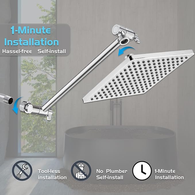 Rain Shower Head, 8'' High Pressure Rainfall Square ABS Showerhead with 11'' Shower Head Extension Arm, Stainless Steel Adjustable Shower Arm Extender, Rainfall Waterfall Fixed Showerheads, Chrome