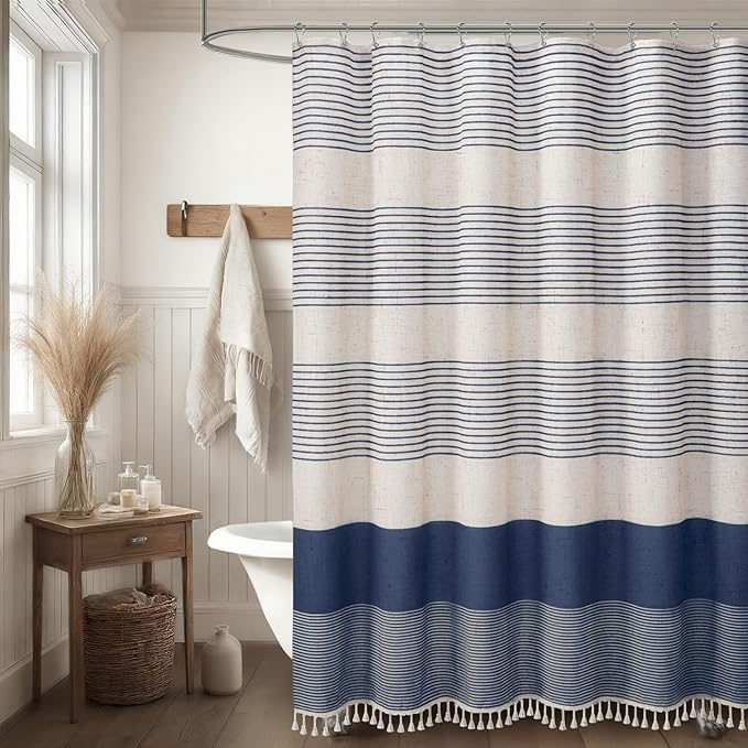 Navy Blue Coastal Ocean Linen Striped Shower Curtain with Tassel 48W X 72L | Boho Farmhouse Shower Curtains with Linen Texture for Bathroom Decor