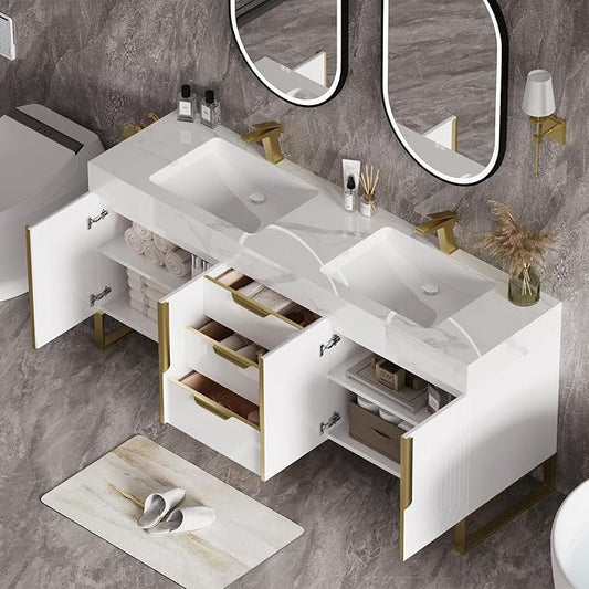 homary 60" Freestanding Bathroom Vanity Set with Double Sink, Modern Bathroom Sink Cabinet Storage Cabinet with Sintered Stone Countertop and Ample Storage, White