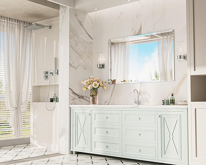 Keonjinn 48 x 30 Inch Frameless Bathroom Mirror with Beveled Edge | Rectangle Mirrors for Over Sink, Wall Mirror with No Frame, Tempered glass, Shatterproof, Modern Decorative for Living Room