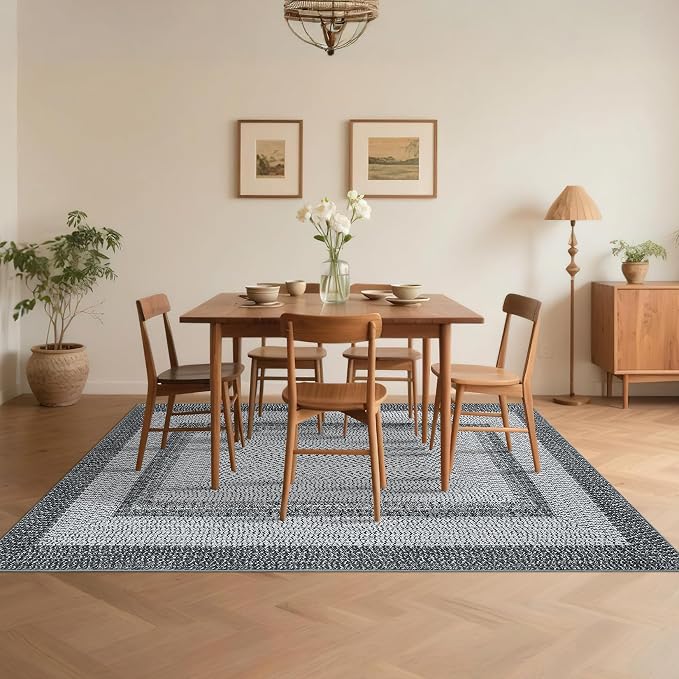 Printed Washable Area Rugs 9x12 Living Room Rug Modern Rugs for Bedroom Blue Rug Geometric Soft Large Area Rug Non Slip Throw Rugs Stain Resistant Carpet for Nursery Dining Room 9'x12' Grey