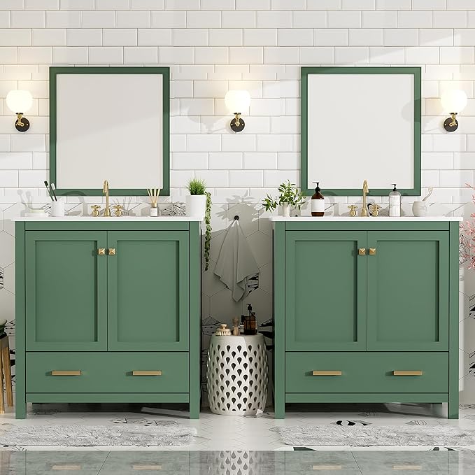 HABITRIO 60" Bathroom Vanity Set with Double Vanities (Separate), Double Ceramic Sinks, Storage Shelf, and Divided Drawers (Mirror not Included), Green
