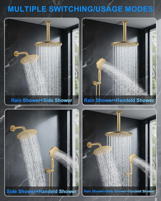 Shower System with Pressure Balance Valve, 10" Ceiling Mount Shower Faucet Set with 2 Rain Shower Head And Multi-function Handheld Head Push Button Diverter Pressure Balancing Valve Kit, Brushed Gold