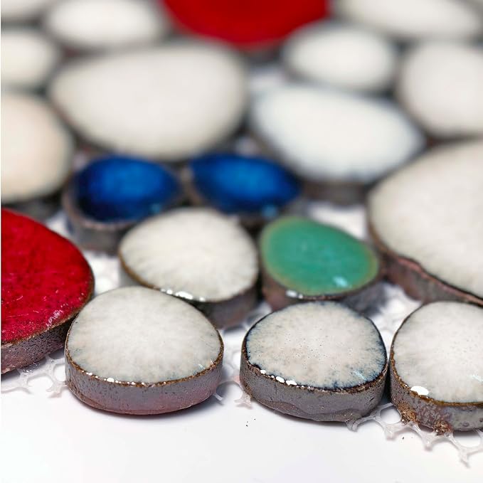Ceramic Pebble Mosaic Sample Tile Cream Red & Green Bath Shower Floor | Crystal Glazed Porcelain, River Stone-Look for Bathroom Remodel, Fireplace Surround, Kitchen Backsplash and Accent Wall