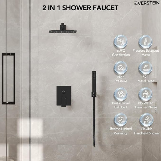 10 Inch High Pressure Rainfall Shower System with Handheld Spray, Wall Mount Bathroom Shower Faucet Set with Valve (Matte Black)