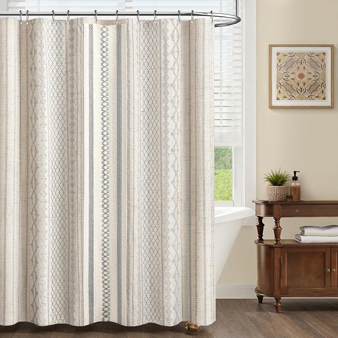Light Grey Boho Linen Shower Curtain,72" W x 72" L | Linen Striped Print and Twine-Inspired Woven Center for Bathroom