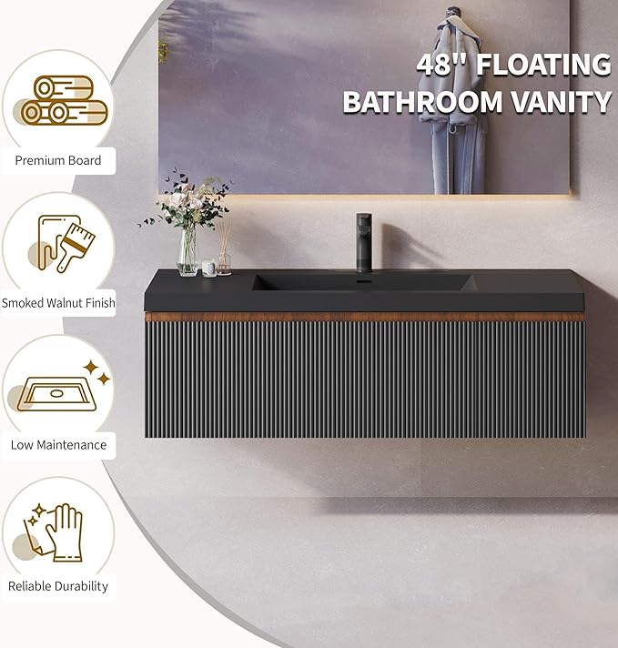 48'' Floating Bathroom Vanity with Sink Combo, Modern Wall-Mounted Striped Bathroom Storage Cabinet with Soft-Close Drawers and Black Quartz Sand Basin, No Assembly Required