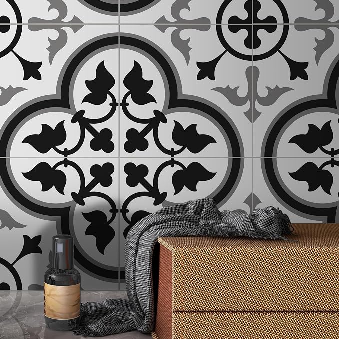 The Tiles Plaza Encaustic Peel and Stick Backsplash, Grey and White Patterned Vintage Stick on Tiles, Stone Composite Self-Adhesive Wall Tile Sticker for Kitchen Bathroom Fireplace Stairs, 10 Sheets