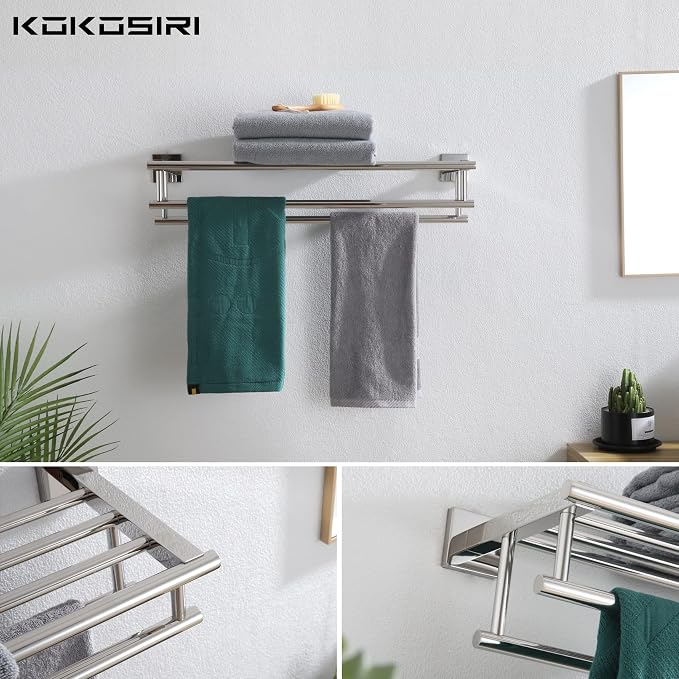 KOKOSIRI Bath Towel Rail Bathroom Towel Rack Towel Holder 24 Inch Towel Shelf with Double Towel Bars Wall Mounted SUS 304 Stainless Steel, Polished Chrome, B6005CH-L24