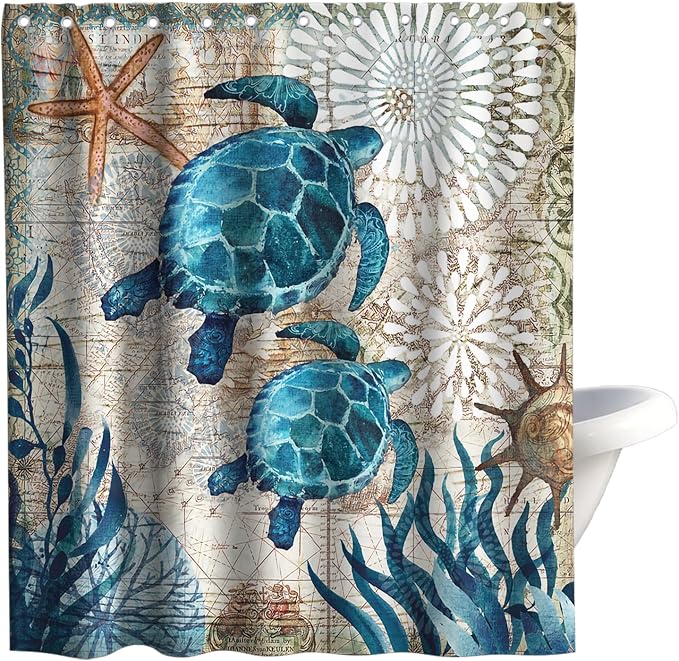Nautical Green Sea Turtles Beach Theme Fabric Shower Curtain Sets Bathroom Blue Ocean Decor with Grommets and Hooks - 72 x 72 Inch Teal