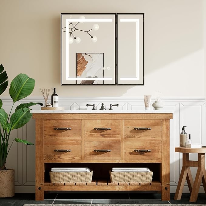 TETOTE Black Lighted Medicine Cabinet Mirror with Led Lights 30 x 26 Wall Mount or Recessed Bathroom Cabinet with Storage, 2 Door Tempered Glass Led Vanity Cabinet, 2 Outlets, 3-Color Dimming, Defog