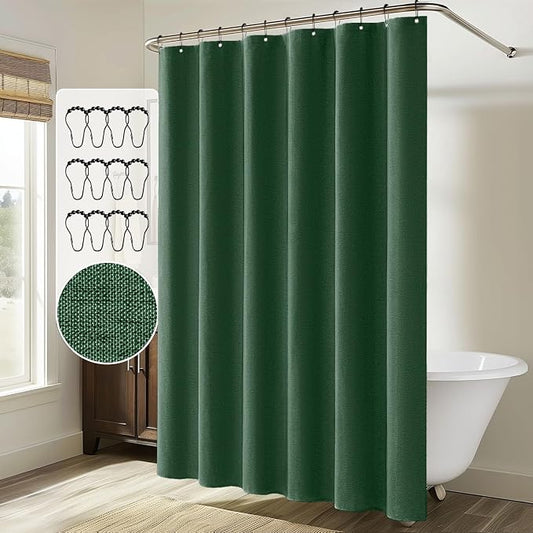 MIULEE Linen Fabric Shower Curtain Dark Green W72*L72 12 Metal Hooks | Washable, Modern, Heavy Duty, Shower Curtain Set, Waterproof Thick Cloth Shower Curtains, Bathroom Bathtub