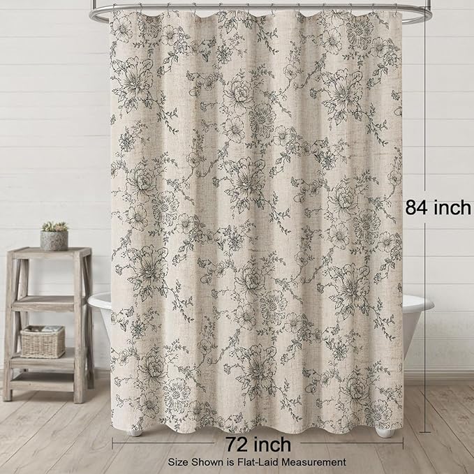 Farmhouse Floral Vintage Shower Curtain for Bathroom, Grey and Tan Taupe | 72" W x 84" L, Elegant Boho Pattern Bath Curtain Linen Fabric