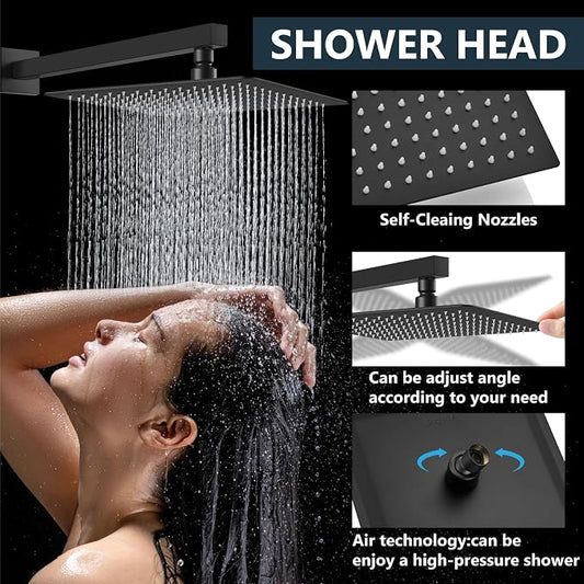 Aolemi Shower Faucet Set with Handheld Matte Black 16 Inch Head | Pressure Balance Shower Valve and Trim Kit,SUS304 Rain Head and Handle System,All Metal,Wall Mount,Bathroom,Handheld Spray