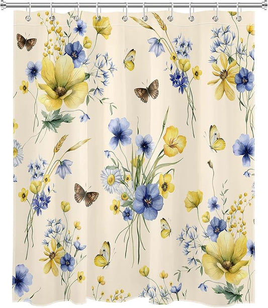 HVEST Wildflower Shower Curtain for Bathroom, Blue and Yellow Floral and Wheat with Butterfly Shower Curtain with Hook, Country Daisy Flower on Beige Shower Curtain Set Bathroom Decor, 60X72 inch