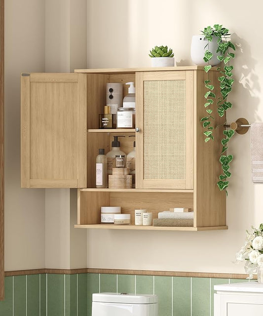 27.6" H Bathroom Wall Cabinet, Modern Medicine Cabinet with Adjustable Shelf & 2 Rattan Doors, Large Over The Toilet Storage Cabinet for Kitchen, Laundry, Living Room, Natural Oak