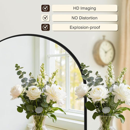 Vanity Bathroom Mirror for Wall, 32”x30” Arched Bathroom Mirror for Over Sink, Arched Metal Frame for Bedroom, Living Room, Entryway, Hanging or Leaning, Black
