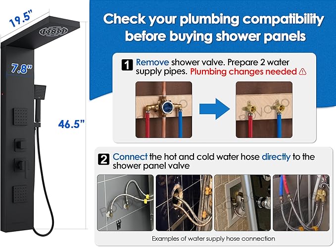 ROVOGO 46.5"H x 7.8"W Shower Panel Tower System with Led Lights, Rainfall Mist Shower Head, Body Jets, Handheld and Tub Spout, Stainless Steel Shower Column with Mixer Valve, Black