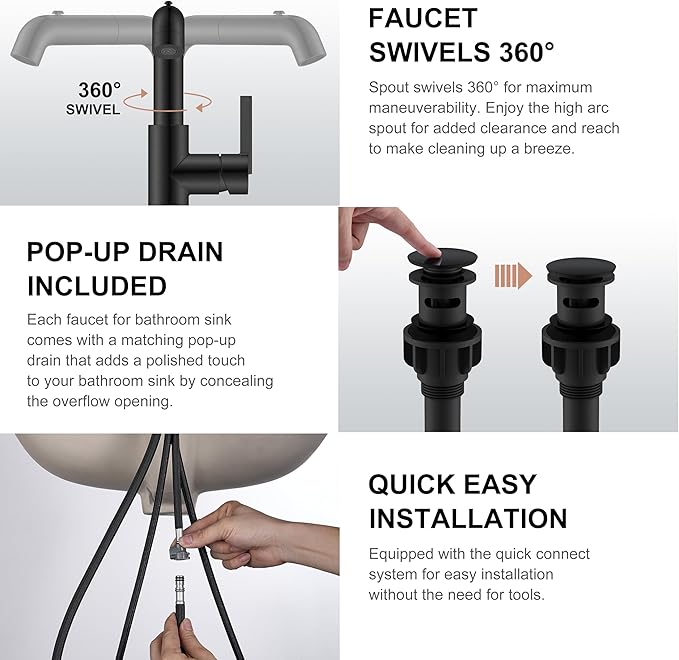 Matte Black Pull Down Bathroom Faucet, Single Handle Vanity Faucet | Pull Out Bathroom Faucet with Pop Up Drain & 6 Inch Deck Plate, Lead-Free cUPC & NSF Certified, 1 Hole Faucet for Vanity RV