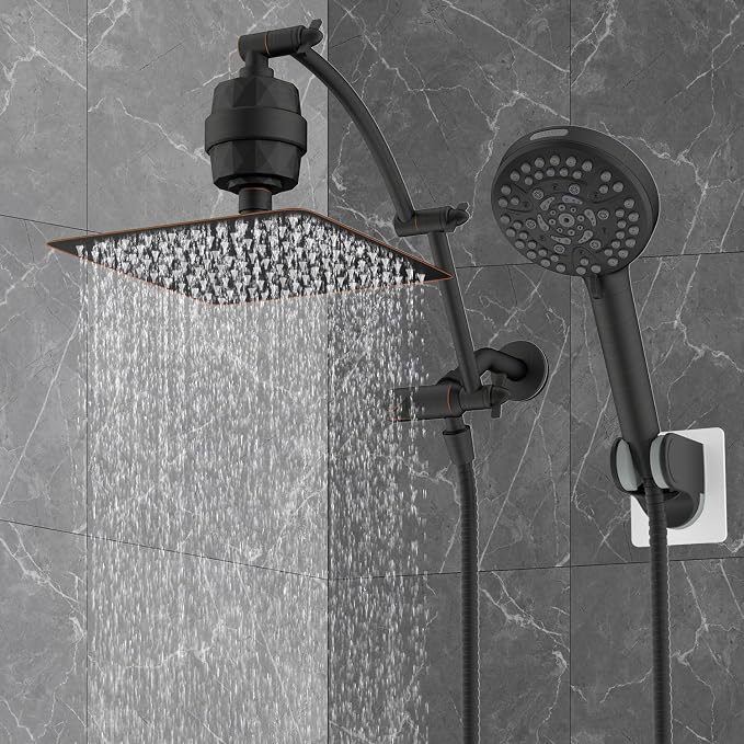 Hibbent 10" Dual Filtered Shower Head, 10-spray Handheld, Oil-Rubbed Bronze | All Metal High Pressure Rainfall Shower Head Combo with Filter, 16" Extension Arm, 3-way Diverter, 71" Hose & Shower Holder