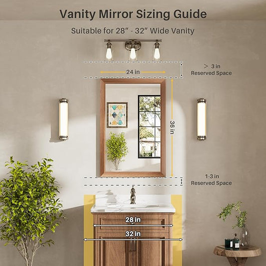 24x36 Inch Bathroom Mirror for Wall, Anti-Rust Walnut Wood Grain Metal Framed Bathroom Mirrors for Over Sink,Rectangler Mirrors for Bathroom Vanity, Farmhouse, Bedroom, Living Room, Entryway Decor