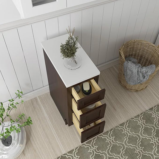 HomeBeyond 12 Inch Bathroom Vanity Base Only, Single Vanity Cabinet with 3 Dove-Tailed Drawers, Composable Floor Mount Cabinets Without Top, Brown