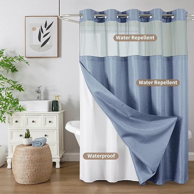 Colorful Star Moonlight Blue No Hook Waffle Shower Curtain Set, 72 x 75 in | Waterproof Shower Curtain with Snap in Fabric Liner and Mesh Top Window, Hotel Style Heavy Duty Thick Bathroom Curtain