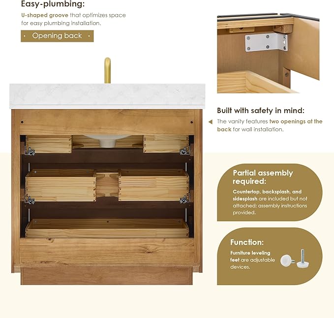 ALTAIR 36 Bathroom Vanity with Sink Mordern Freestanding Single Vanities Brown Large Storge Cabinet with Backsplash Sidesplash Ceramic Countertop Pre-Assembled Bath Fixtures