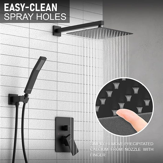KOJOX Shower System with High Pressure 10'' Rainfall Shower Head, Handheld Shower head and Shower Faucet Trim valve, Bathroom Luxury Rain Mixer Shower Combo Set Wall Mounted Matte Black
