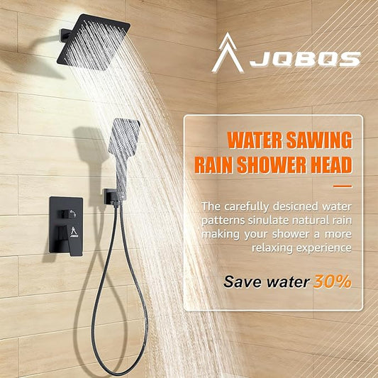 Shower System Modern Rain 8 inches Brass Faucet Set With Valve and Diverter Shower Mixer With Handheld High Pressure Square Rainfall Shower Valve (8'' Wall Mount, Matte Black)