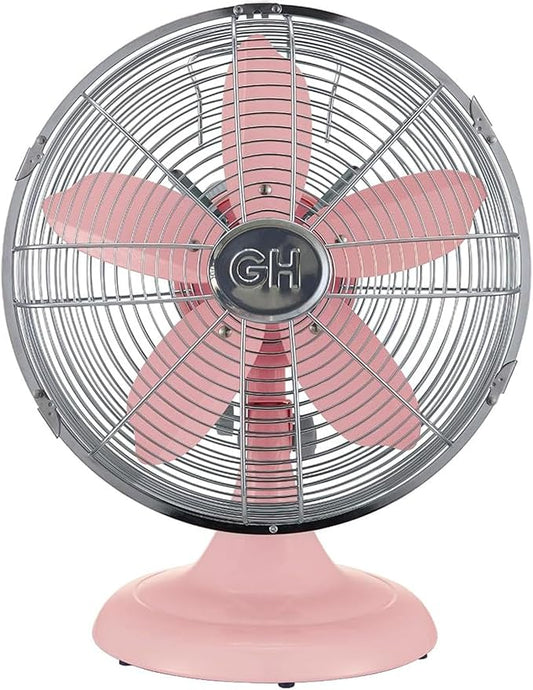 Good Housekeeping 92606 All-Metal 12" Retro Desk Office Table Fan with Wide Oscillation, 3-Speed Settings & Carrying Handle, Pink