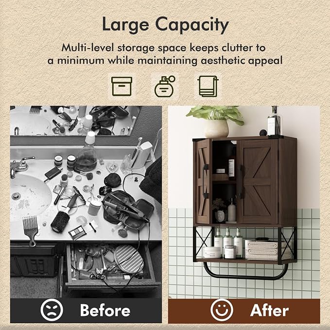 RUSTOWN Farmhouse Medicine Cabinet with 2 Barn Door, Bathroom Wall Cabinet | Rustic Wall Mounted Storage Cabinet with Adjustable Shelf & Towel Rack, 3-Tier Over the Toilet Storage Cabinets for Laundry
