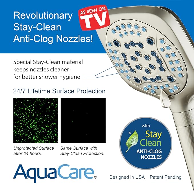 AquaCare 4X 10-Mode High Pressure Hand Shower w/Filter & 2-mode Power Wash | Filters Chlorine & Toxins, Softens Hard Water for Healthy Skin & Hair. Handheld Power Head Cleans Tub, Tile & Pets / Nickel