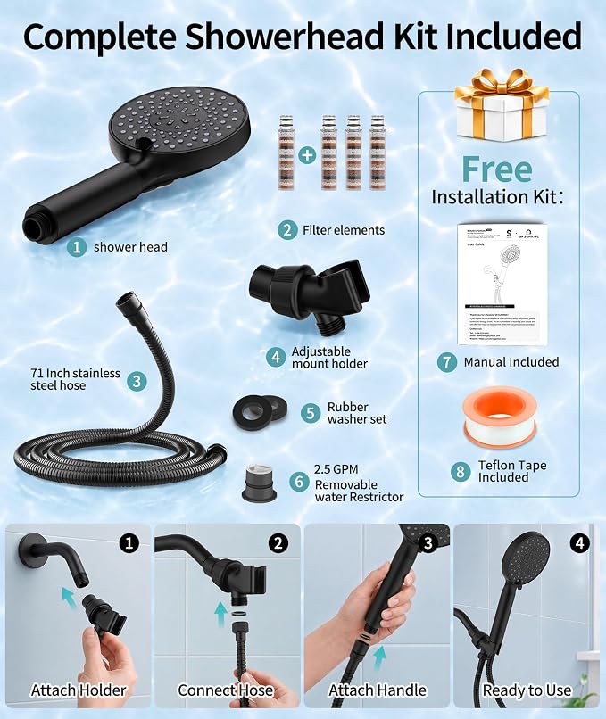 SR SUN RISE Filtered Shower Head with Handheld High Pressure 9 Spray Mode Showerhead Detachable Shower Head Water Softener Filters Beads for Hard Water Remove Chlorine 4 Filters Matte Black