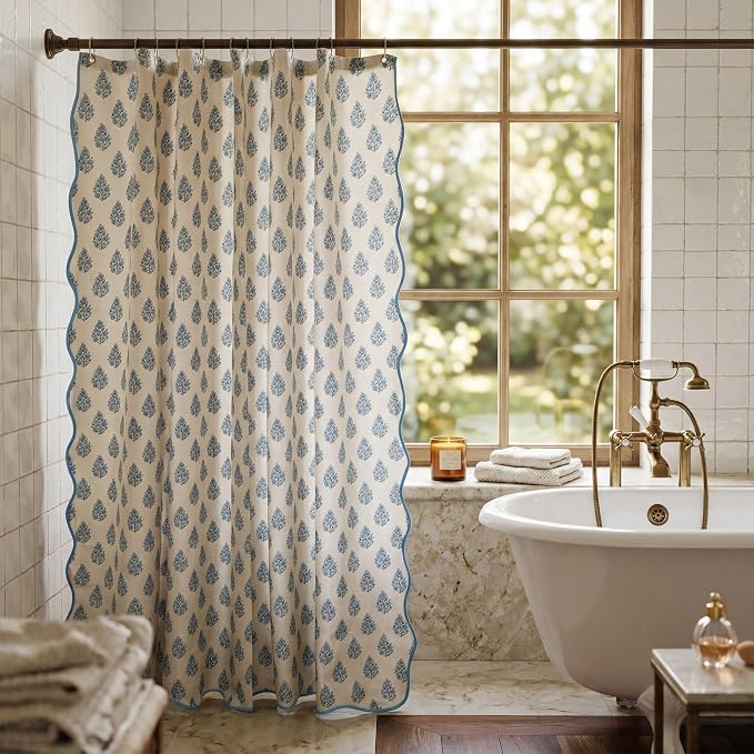Boomkin Block Print Scalloped Shower Curtain Set with 12 Hooks | Grandmillennial Shower Curtain Linen Textured Cottage Core Floral Bathroom Curtain for Vintage Farmhouse Bathroom 72 x 72 Inc
