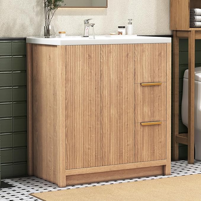 32 Inch Bathroom Vanity with Ceramic Sink, Small Bathroom Sink Cabinet with Fluted Doors and 2 Drawers, Single Sink Bath vanities Combo, Light Oak (19" D x 32" W x 36" H)